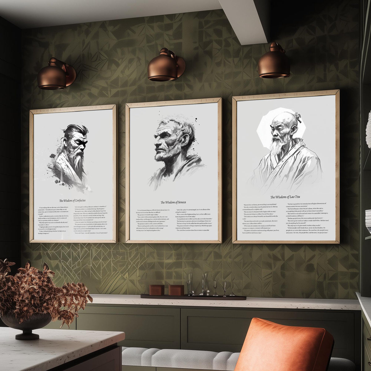Confucius, Seneca and Lao Tzu Set of Three Art Prints - Wisdom Quotes Poster - Zen Ink Sketch Drawing