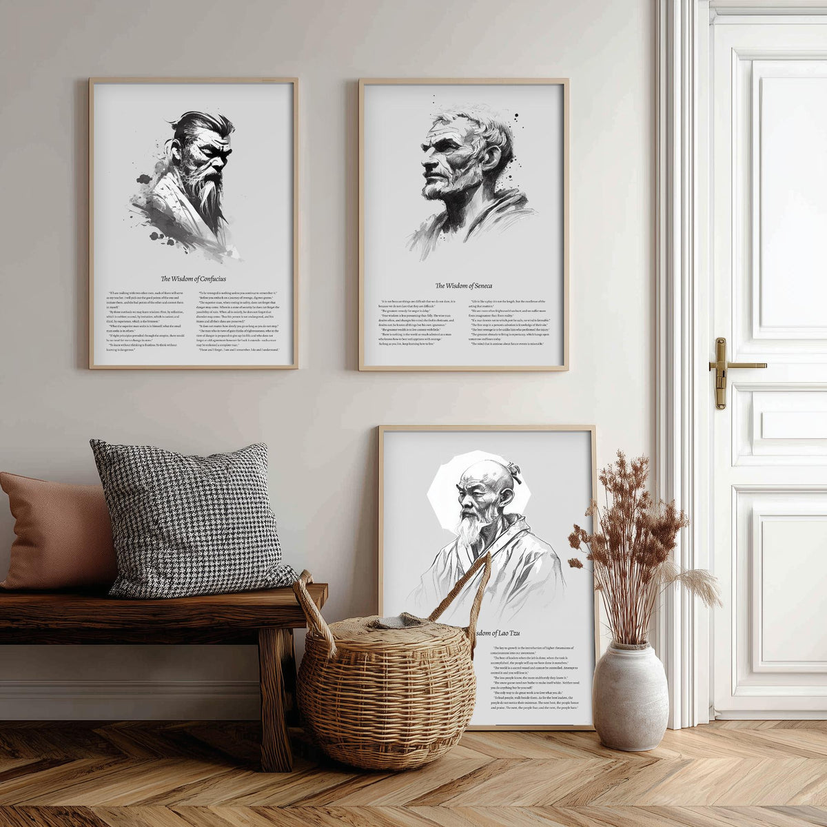 Confucius, Seneca and Lao Tzu Set of Three Art Prints - Wisdom Quotes Poster - Zen Ink Sketch Drawing