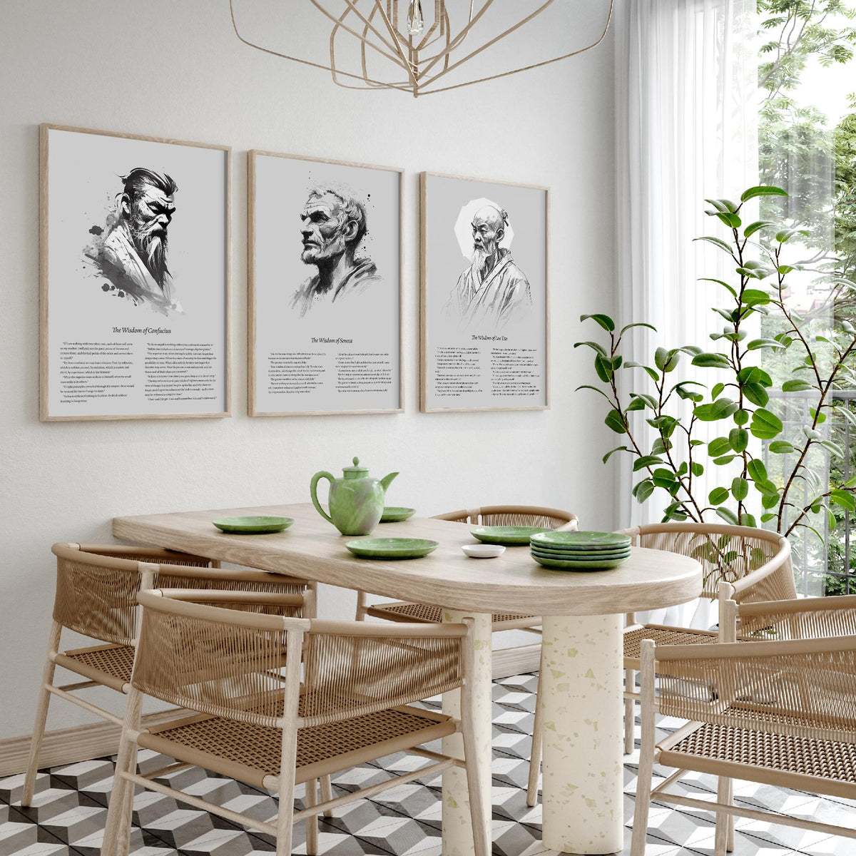 Confucius, Seneca and Lao Tzu Set of Three Art Prints - Wisdom Quotes Poster - Zen Ink Sketch Drawing