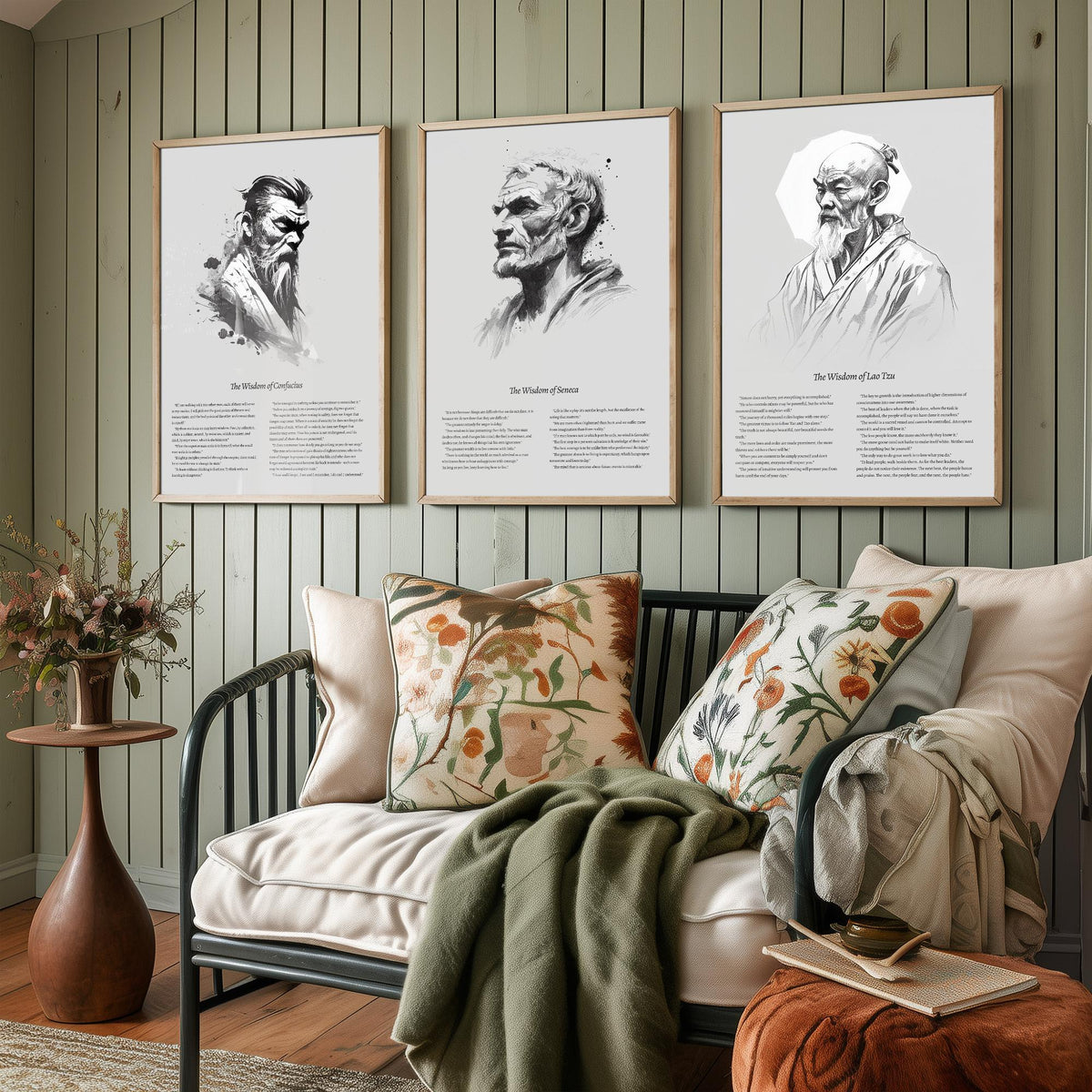 Confucius, Seneca and Lao Tzu Set of Three Art Prints - Wisdom Quotes Poster - Zen Ink Sketch Drawing