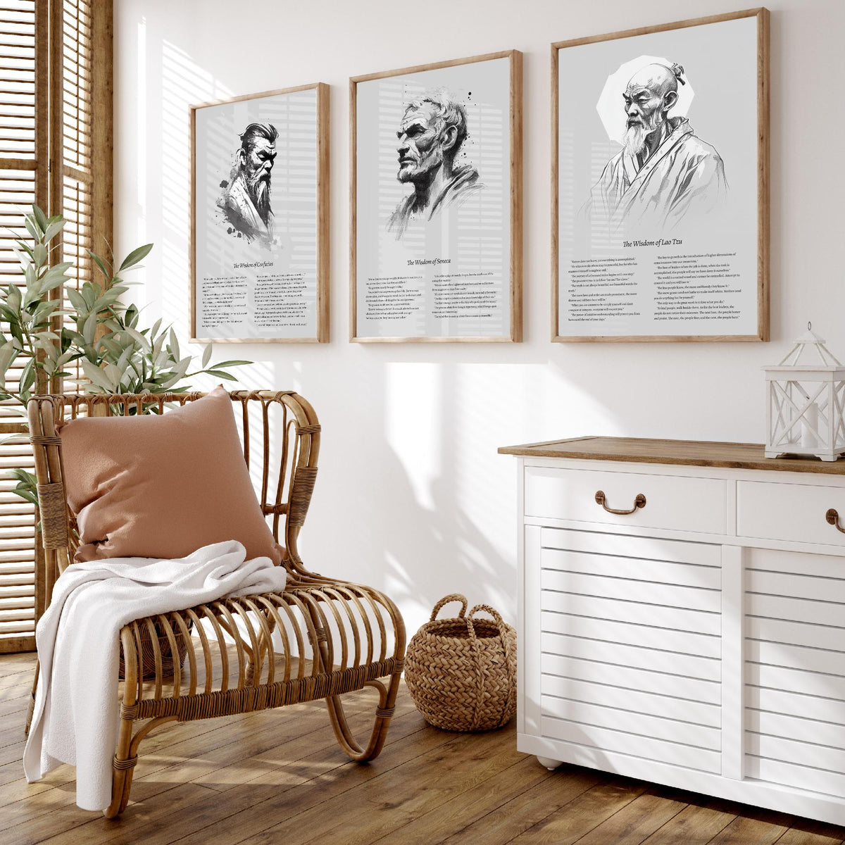 Confucius, Seneca and Lao Tzu Set of Three Art Prints - Wisdom Quotes Poster - Zen Ink Sketch Drawing