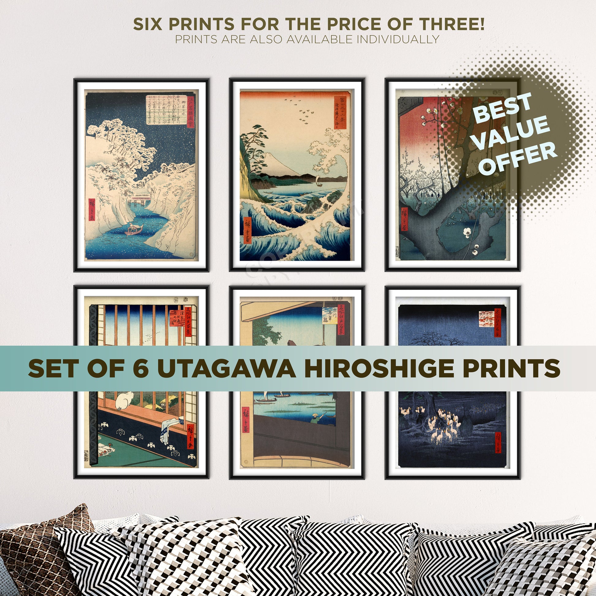 Set of Six Utagawa Hiroshige Prints - 6 Classic Woodcut Prints - Photo Poster Wall Art Gift - Ricefields, Seascape Satta, Famous Places Edo