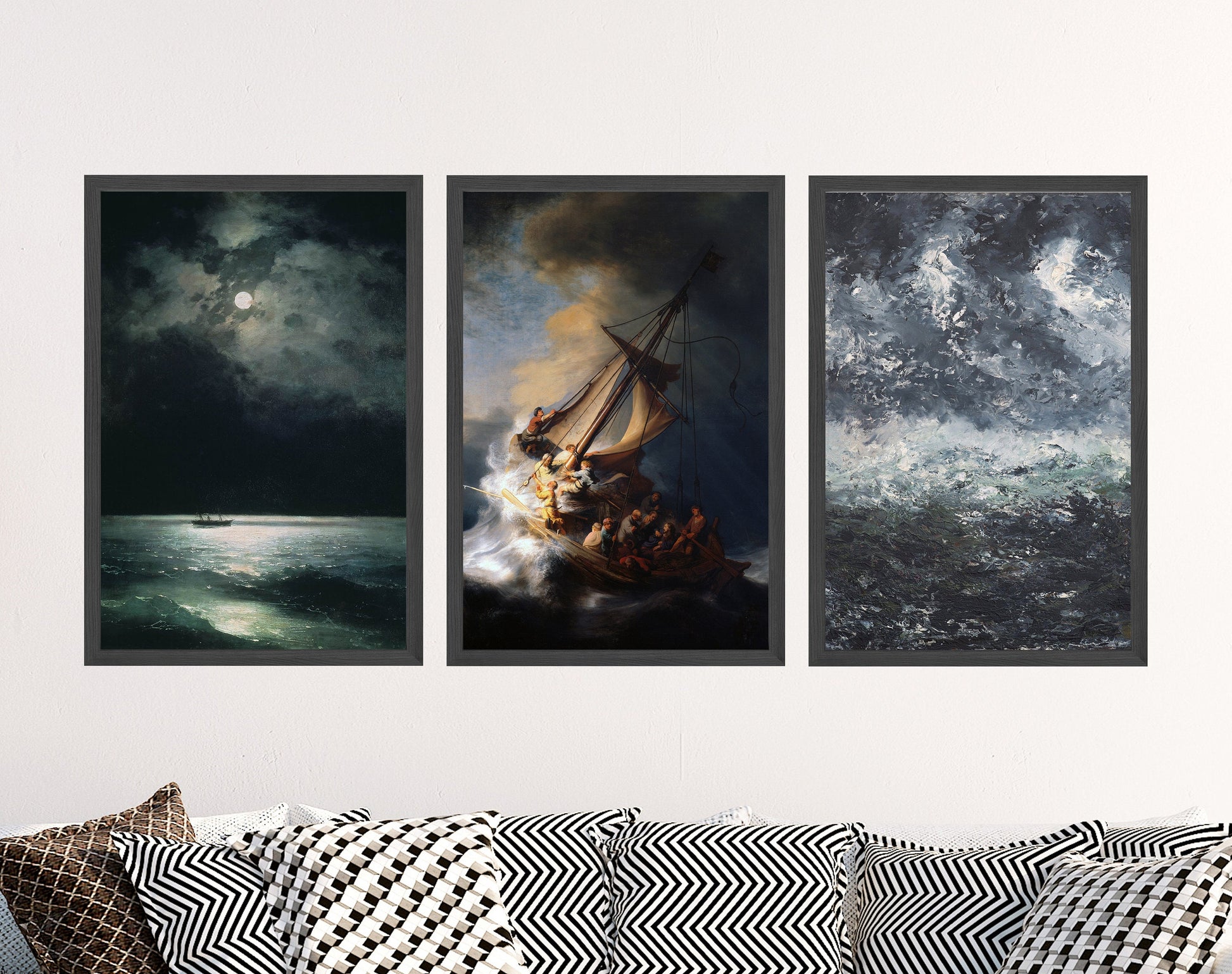 Set of Three Dark Ocean Prints - 3 Classic Paintings - Photo Poster Wall Art Gift Giclée Museum Quality - Rembrandt The Storm of Galilee