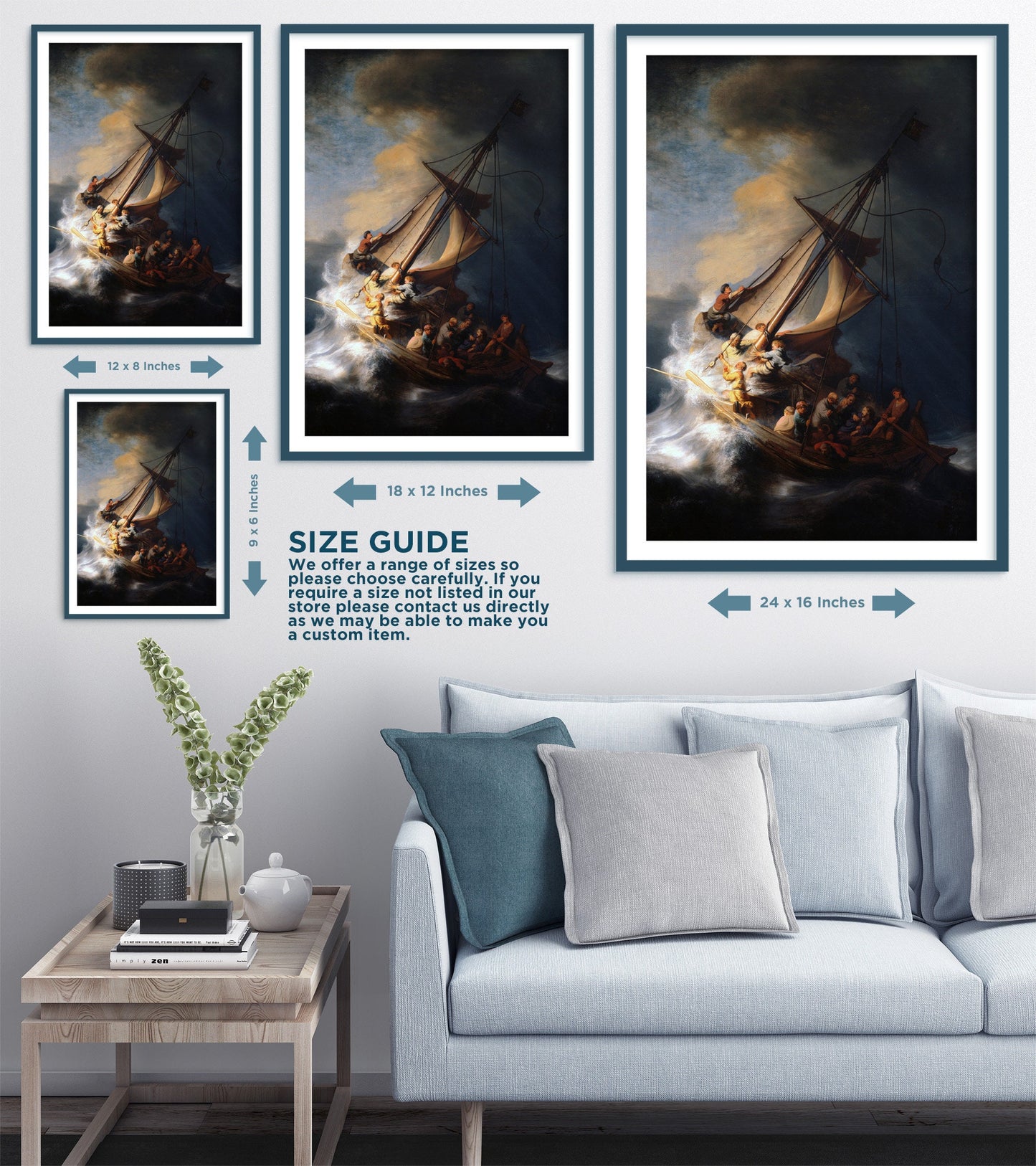 Set of Three Dark Ocean Prints - 3 Classic Paintings - Photo Poster Wall Art Gift Giclée Museum Quality - Rembrandt The Storm of Galilee