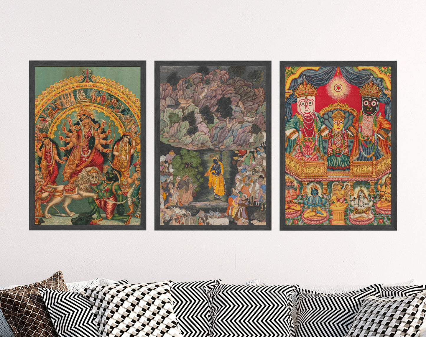 Set of Three Hindu God Prints - 3 Classic Paintings - Photo Poster Wall Art Gift Giclée Museum Quality - Shri Shri Durga Krishna