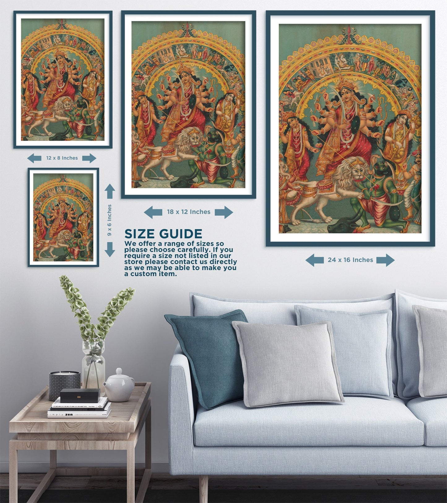 Set of Three Hindu God Prints - 3 Classic Paintings - Photo Poster Wall Art Gift Giclée Museum Quality - Shri Shri Durga Krishna