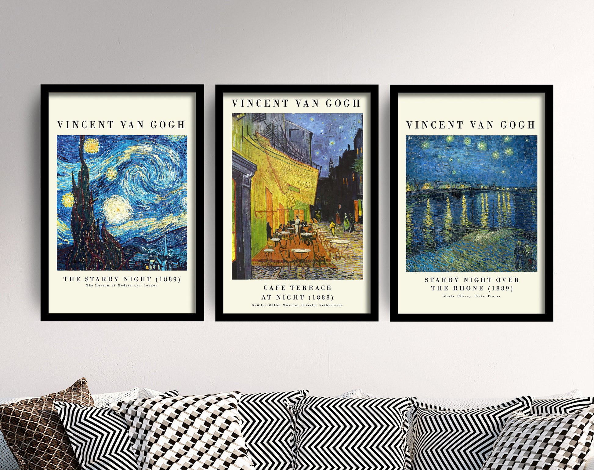 Set of Three Vincent Van Gogh Night Scene Prints - 3 Paintings Photo Poster Wall Art Gift Giclée Museum Starry Night Rhone Night Café