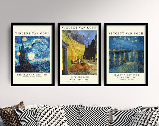 Set of Three Vincent Van Gogh Night Scene Prints - 3 Paintings Photo Poster Wall Art Gift Giclée Museum Starry Night Rhone Night Café