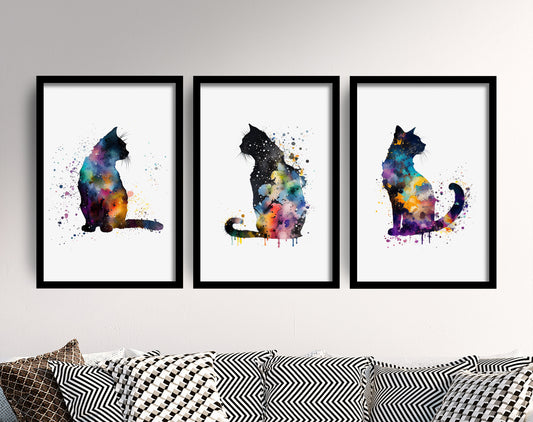 Set of Three Cat Watercolour Prints - 3 Art Paintings Poster Photo Wall Gift Museum Giclée - Gift for Cat Lover, Feline, House, Pet, Black