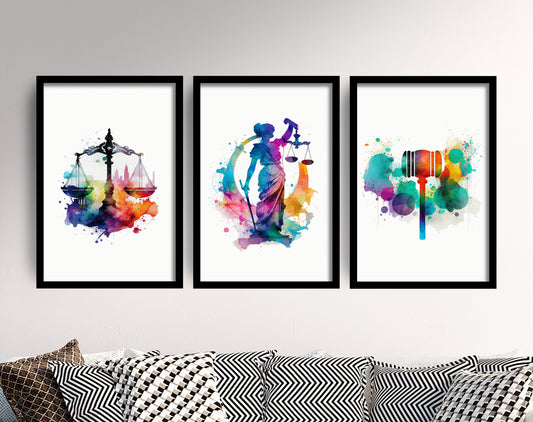 Set of Three Justice Prints - 3 Art Paintings Poster Photo Wall Gift Museum Giclée - Law and Order, Lady, Scales, Gavel, Lawyer, Solicitor