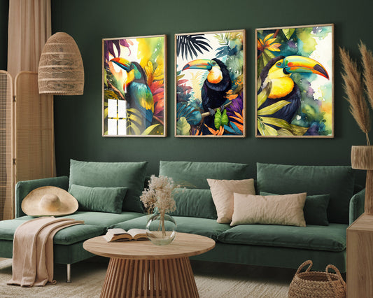 Set of Three Toucan Paintings - 3 Tropical Art Prints - Poster Home Wall Décor Gift Giclée - Barbets, Bright Colourful Jungle Botanical