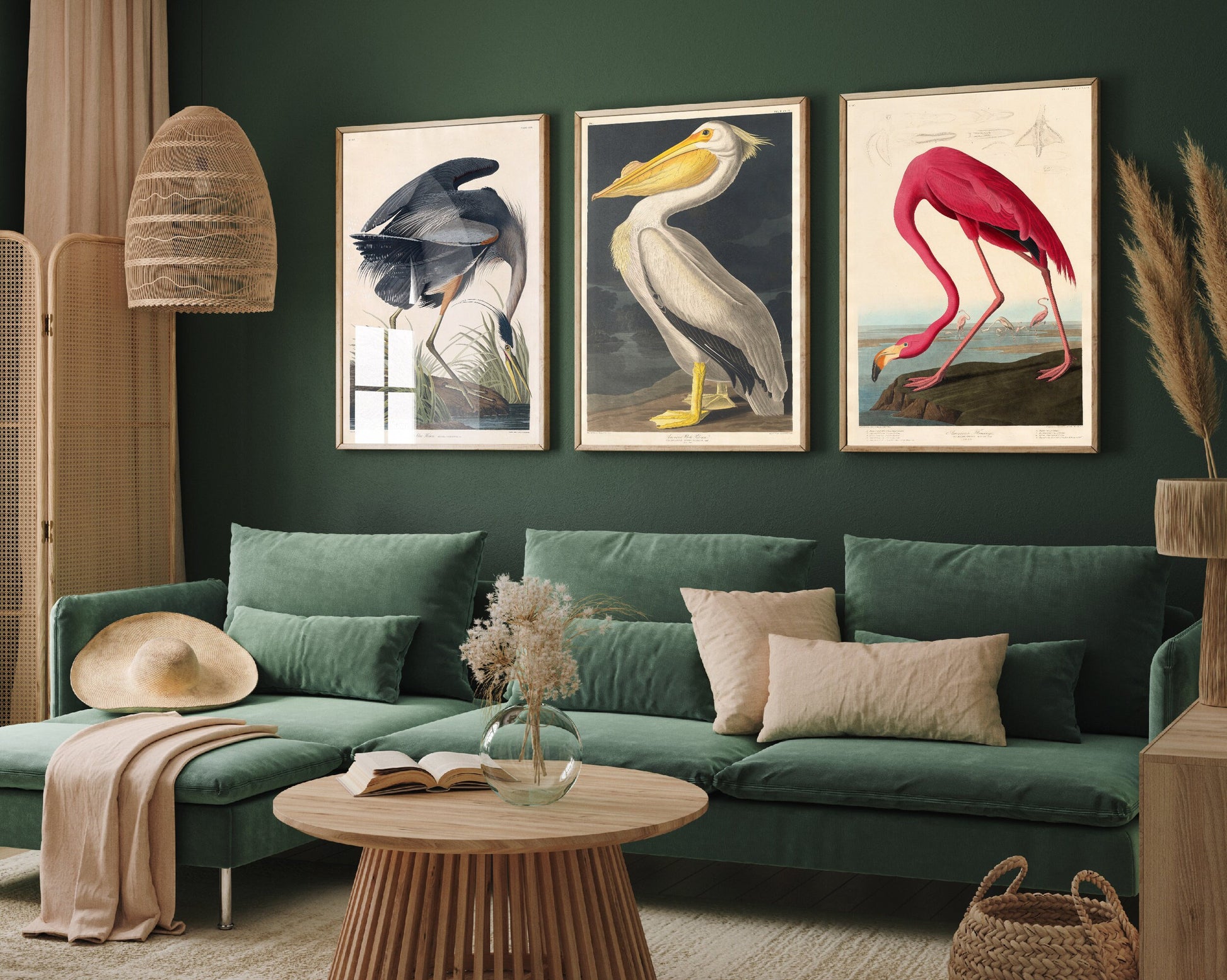 Set of Three Pink Flamingo Prints - 3 Bird Paintings - Poster Wall Art Giclée - John James Audubon, American White Pelican, Great Blue Heron