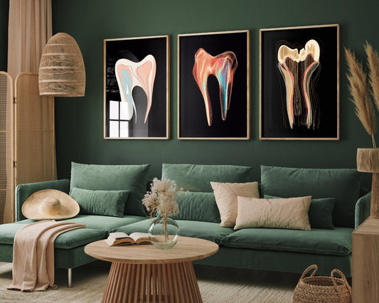 Set of Three Abstract Dentist Teeth Art Prints - 3 Tooth Paintings - Photo Poster Wall Art Gift Giclée - Surgery Hygienist Dentistry Office