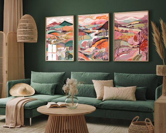 Landscape Illustrations in Pink - Set of Three Abstract Prints - Brecon Beacons Poster, Wales Art, Welsh Painting - Home Décor Wall Giclee