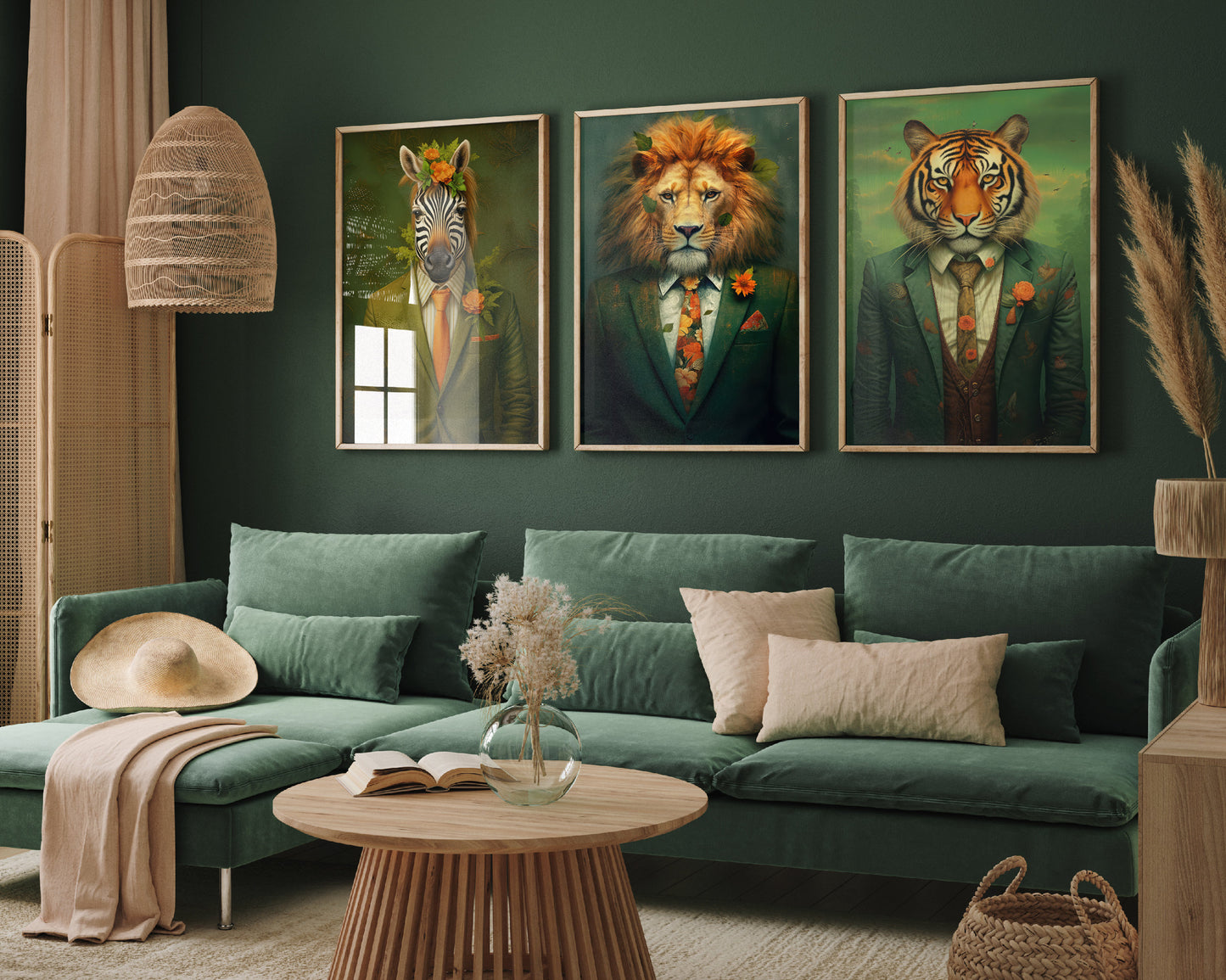 Set of Three Animals Wearing Suits Paintings - 3 Zebra Lion Tiger Art Prints - Photo Poster Wall Gift Giclée Décor Safari Jungle Clothes