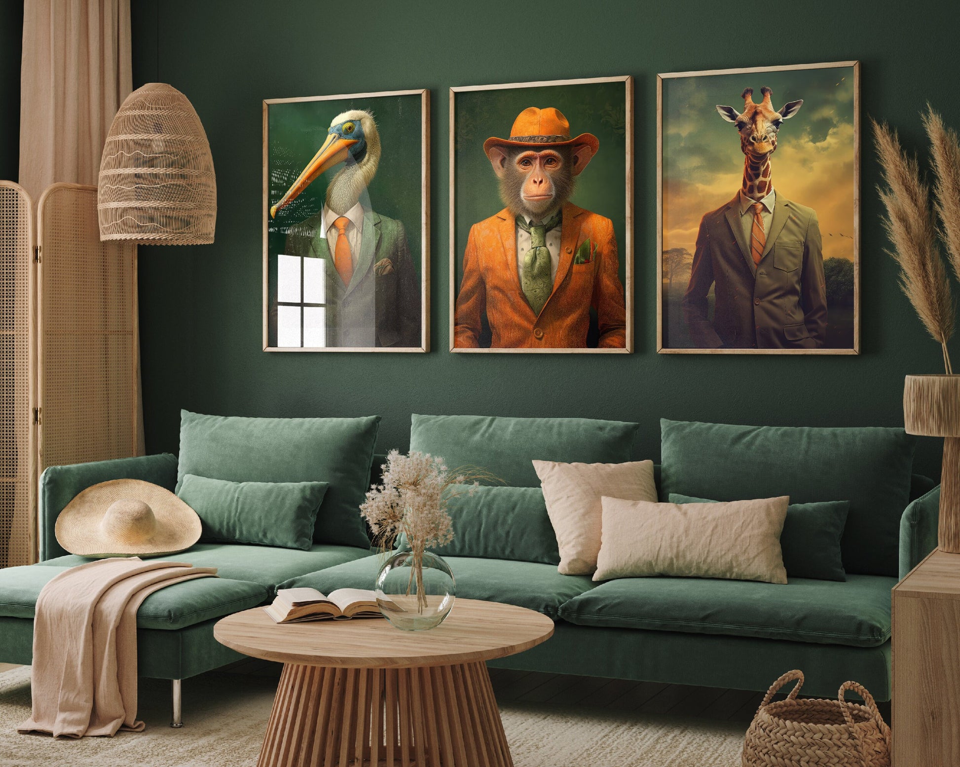 Animals Wearing Suits Set of Three Paintings - 3 Pelican Monkey Giraffe Art Prints - Photo Poster Wall Gift Giclée Décor Safari Jungle