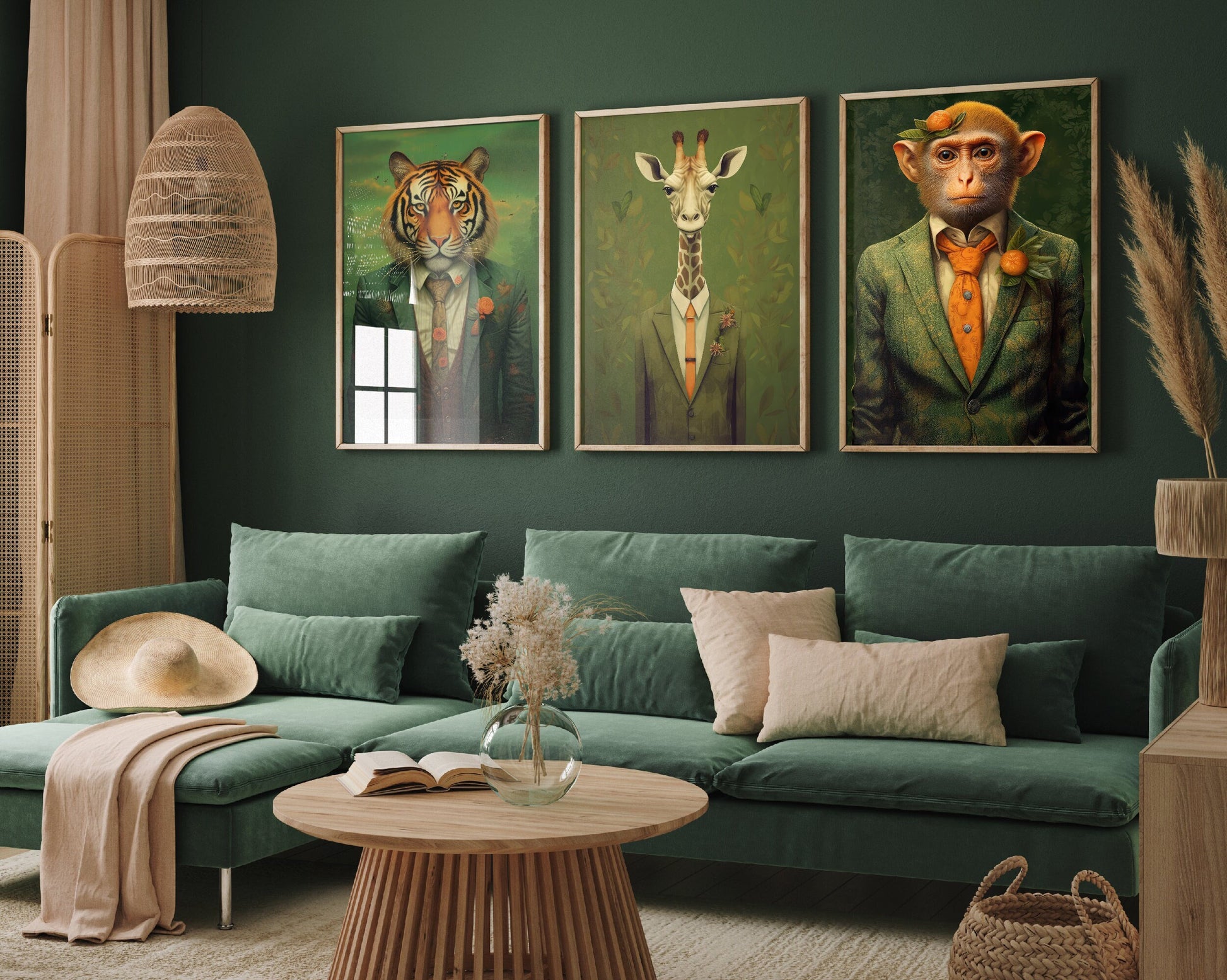 Tiger, Giraffe and Monkey wearing Suits Set of Three Paintings - 3 Animal Businessmen Art Prints - Photo Poster Wall Gift Giclée Décor