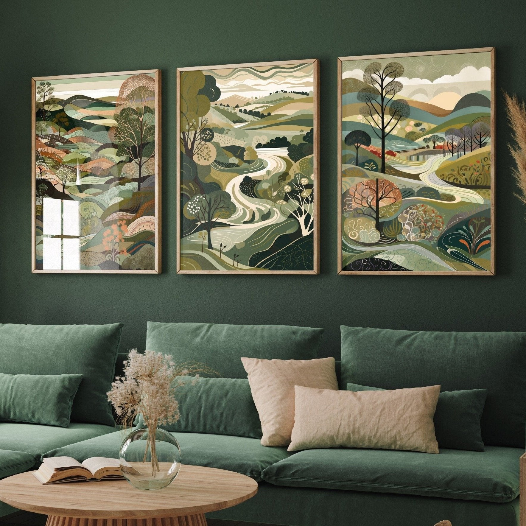 Landscape Illustrations in Olive Green - Set of Three Abstract Prints - South Downs, Sussex Poster, Wales Art, Painting Valley Lews Steyning