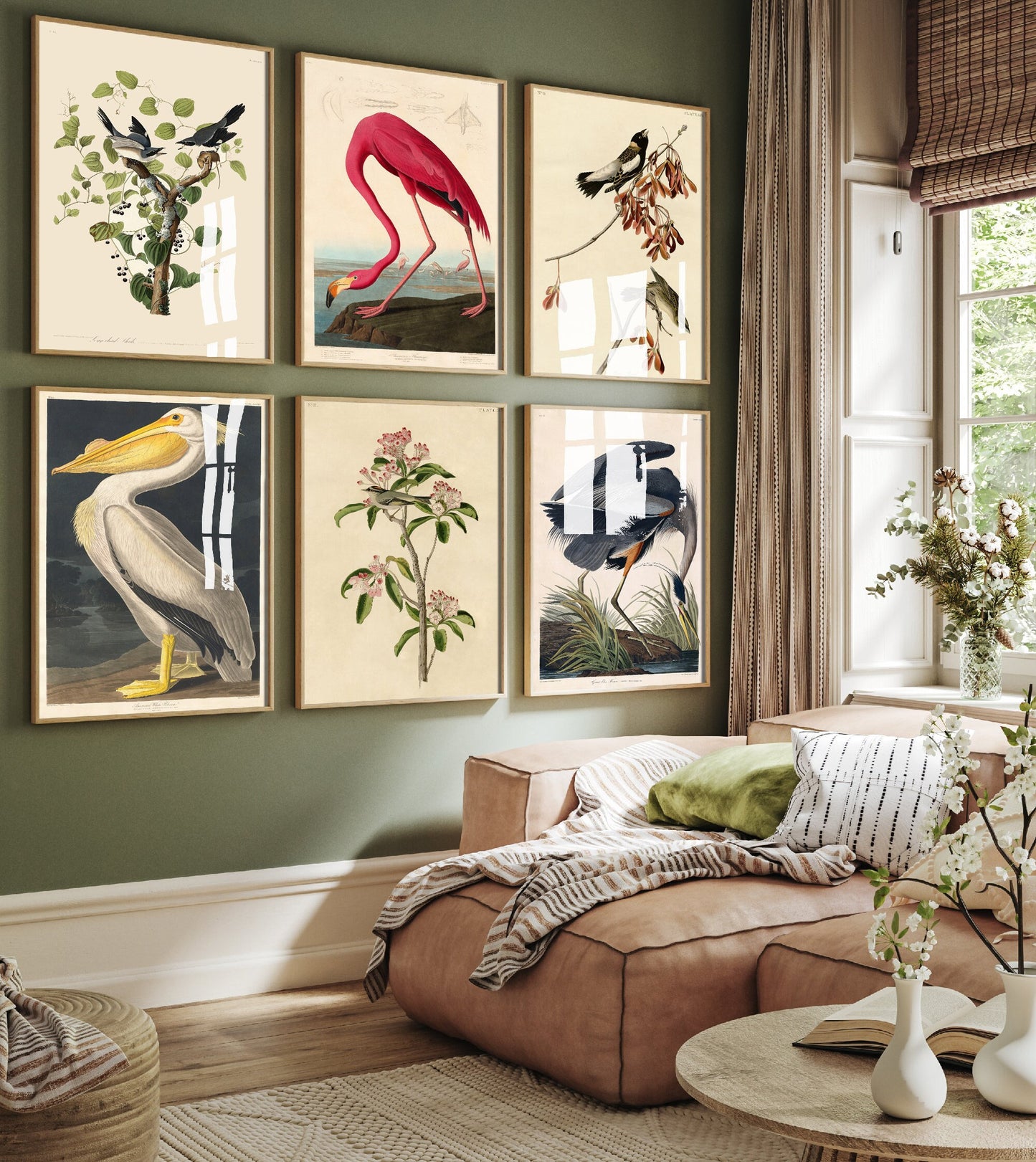 Set of Six John James Audubon Prints - 6 Classic Paintings - Poster Wall Art Giclée - Flamingo, American White Pelican, Great Blue Heron