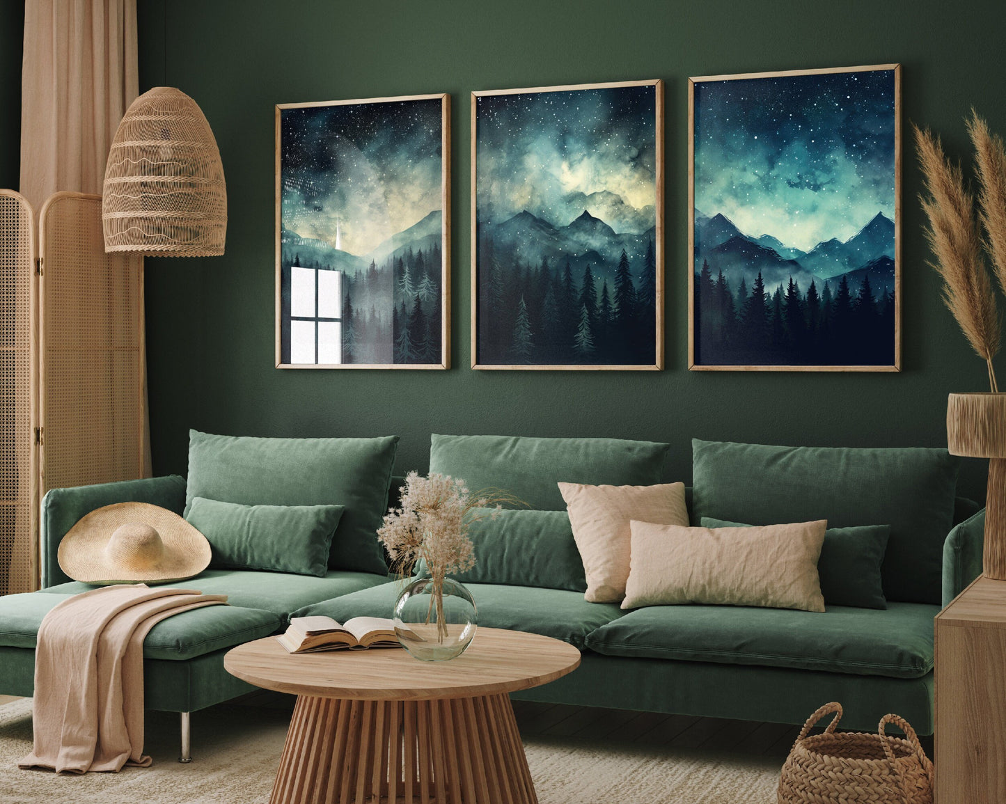 Teal Dark Night With Stars Set of Three Art Prints - Blue Mountains 3 Posters - Painting Illustration Home Wall Decor Misty Forest Navy