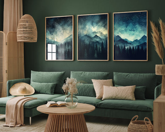 Teal Dark Night With Stars Set of Three Art Prints - Blue Mountains 3 Posters - Painting Illustration Home Wall Decor Misty Forest Navy