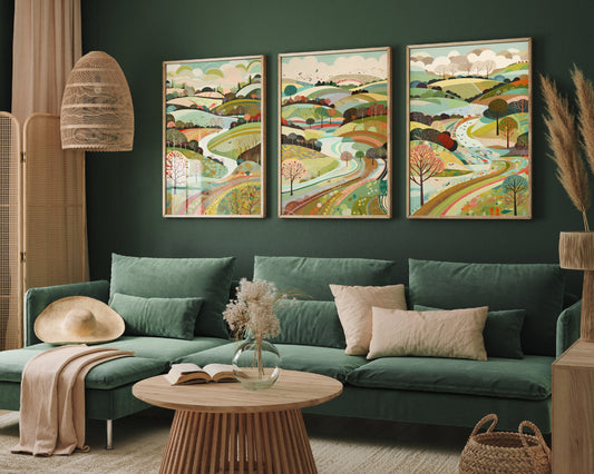 Landscape Illustrations in a Range of Colours - Set of Three Abstract Prints - Cumbria Lake District Poster, Wales Art, Painting Valley Wye