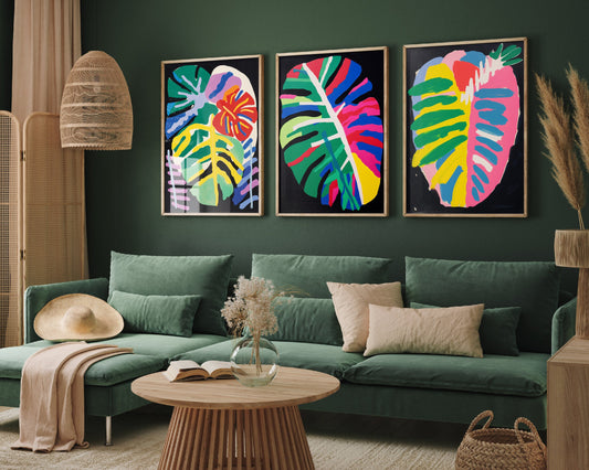 Set of Three Monstera Leaf Paintings - 3 Black Childish Primary Colours Art Prints - Photo Poster Wall Gift Giclée - Illustration, Botanical